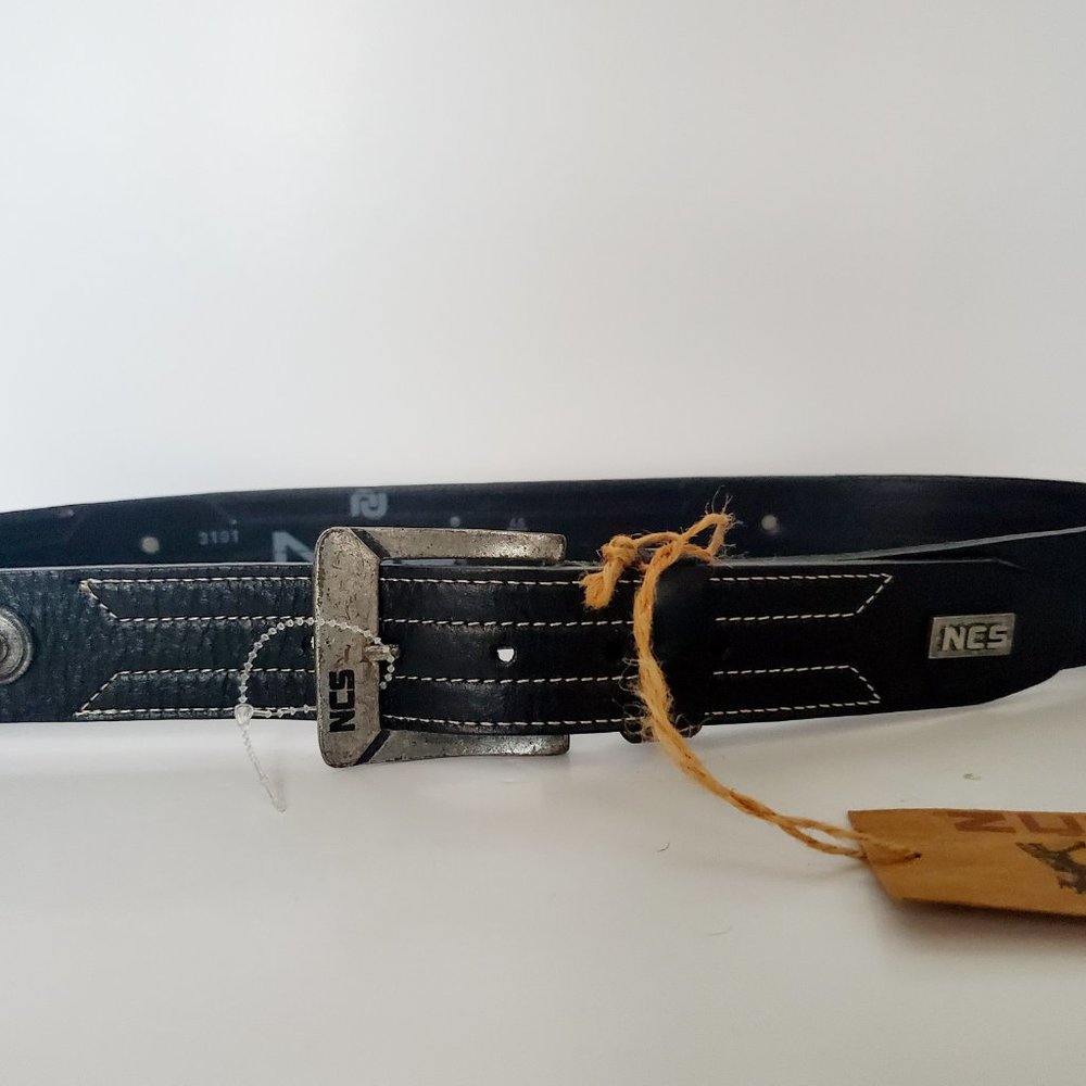NCS Unisex Country Western Black Leather Belt White Stitch Rustic Silver Buckle